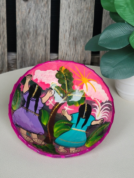 Other - Hand-Painted Decorative Dish with Bright Magenta Dancing Girls Scene